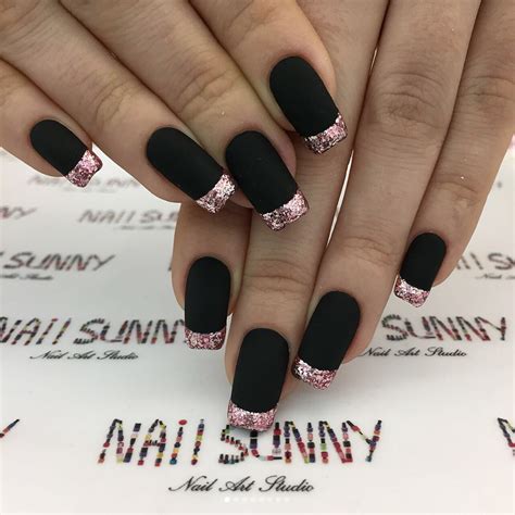 Nail Sunny French Nails Matte Black Pink Glitter Black