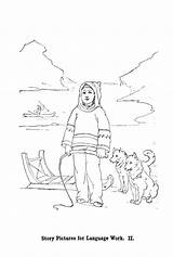 Coloring Inuit Boy His Husky Dogs sketch template