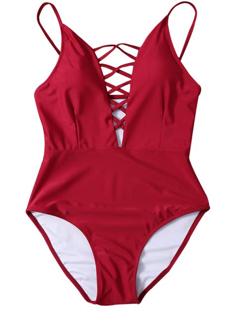 strappy lace up one piece swimwear red l mobile cute swimsuits women