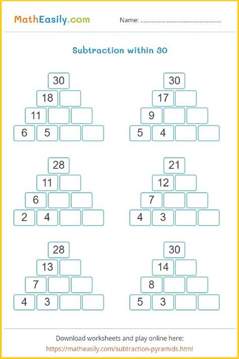 subtraction pyramid puzzle worksheets  games