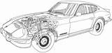 240z Datsun Nissan Blue Drawings Cars Car Cutaway Line Choose Board sketch template