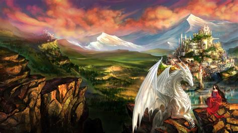 Fantasy Cute White Dragon Near A Girl HD Dreamy Wallpapers