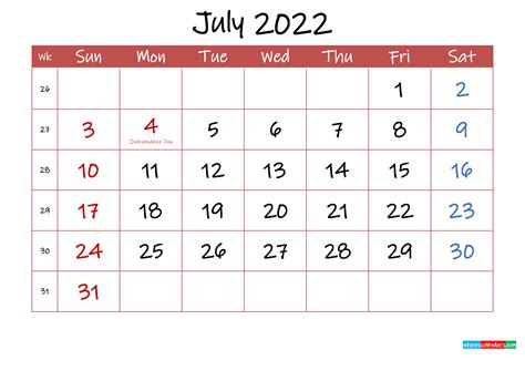 printable july  calendar  holidays template inkm