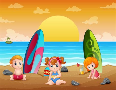 Férias De Verão Com Crianças Na Praia Tropical Vetor Premium