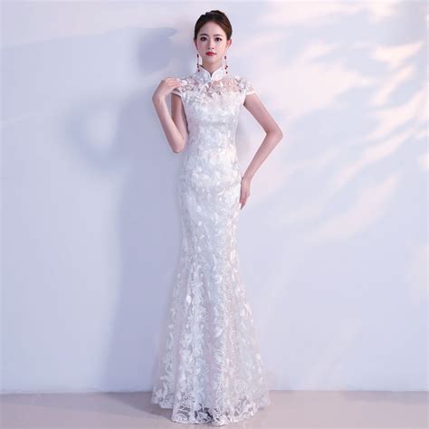 white traditional chinese wedding dress sexy qipao mermaid cheongsam