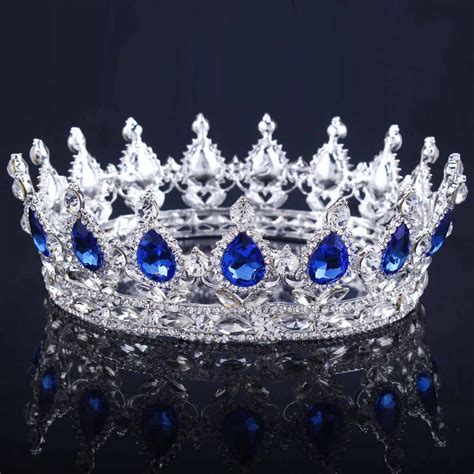 huge european royal crown silver color blue rhinestone tiara super