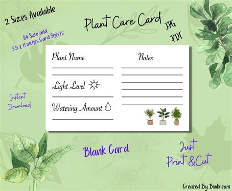 printable plant care card sheet digital  plant cards etsy