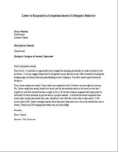 letter  respond   complaint   colleagues behavior