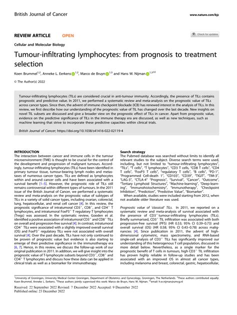 Pdf Tumour Infiltrating Lymphocytes From Prognosis To Treatment
