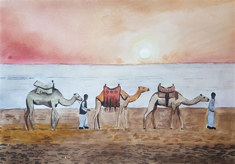 camel caravan painting watercolor desert art desert landscape etsy