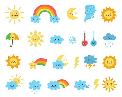 set  cute cartoon weather icons vector illustrations  vector