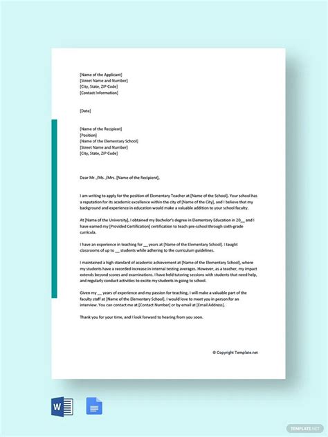elementary teacher cover letter template  word google docs pages