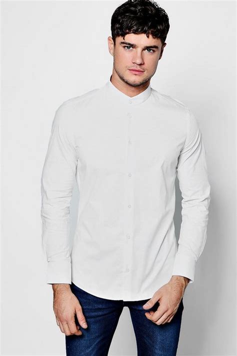 slim fit stretch mandarin collar shirt boohoo