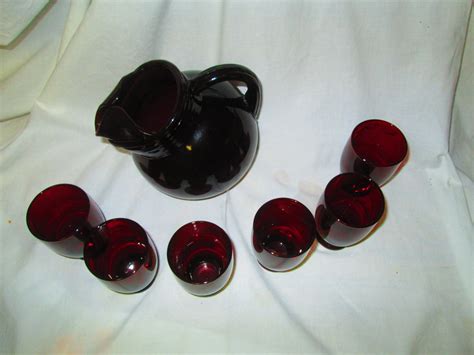 Vintage Glass Ruby Red Tilt Ball Small Pitcher And 6 Juice