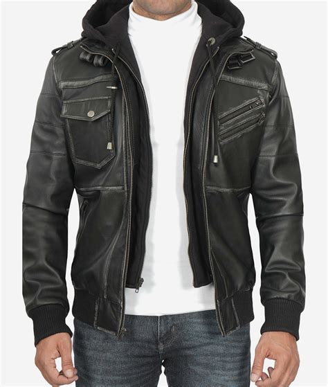mens grey distressed leather jacket  hood