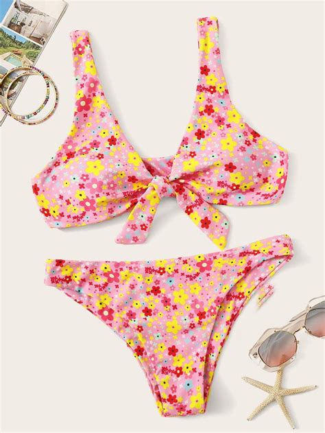 calico print knot front bikini set bikini floral prints