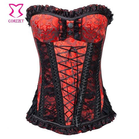red brocadeandblack lace side zipper gothic corset steel bone overbust