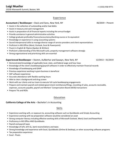 bookkeeper resume bookkeeper resume samples