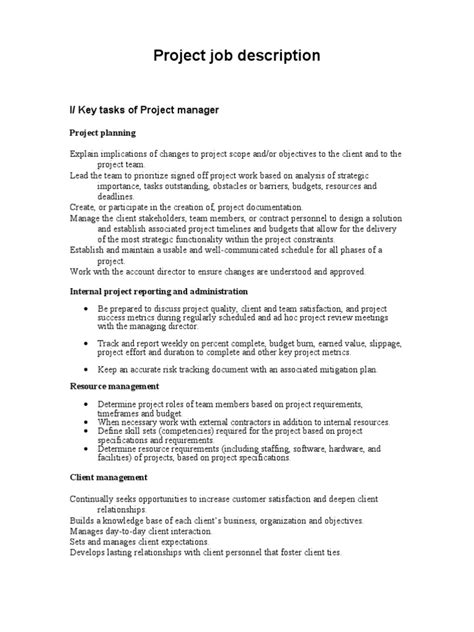 project job description project management leadership