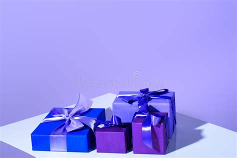 purple  violet gift boxes  bows ultra violet trend stock image
