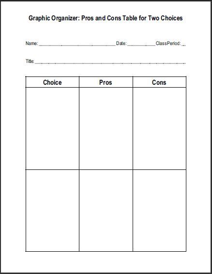 blank printable pros  cons worksheets    choices