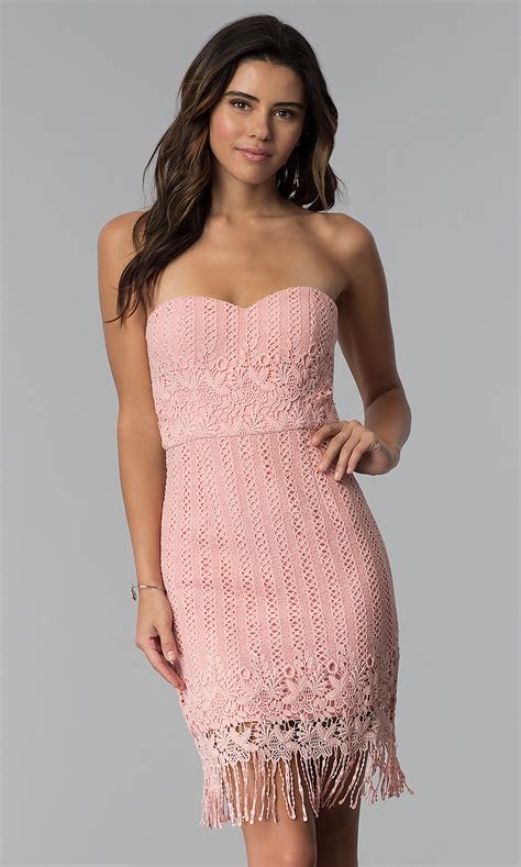 Pink Strapless Lace Wedding Guest Dress Promgirl
