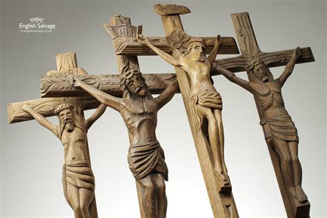 selection  vintage carved wooden crucifixes