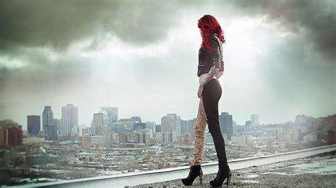 Hd Wallpaper Womens Black Leather Jacket And Black Pants Redhead