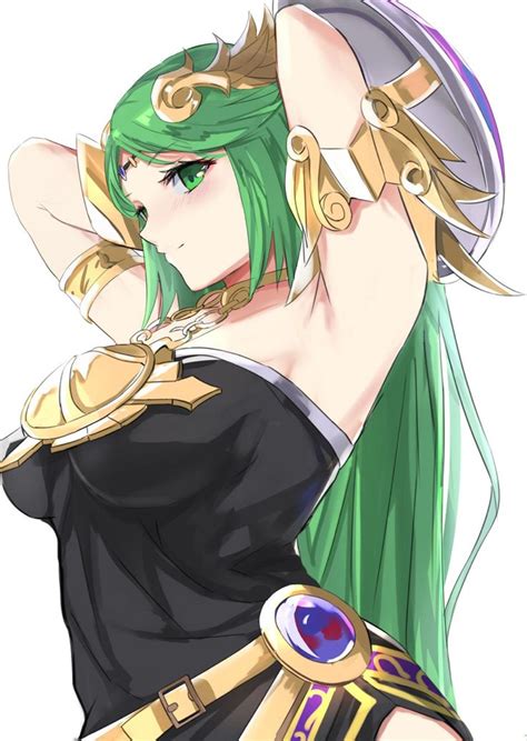 an anime character with green hair and gold armor holding her arms