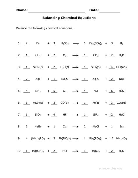 chemistry balancing chemical equations worksheet answer key