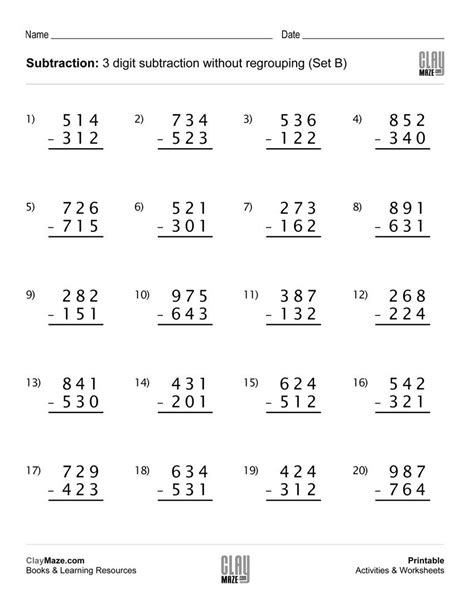 digit subtraction worksheet  regrouping  borrowing set