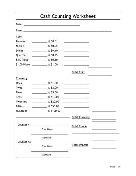 printable counting form cash checks printable forms