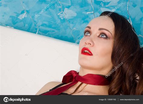 strangled beautiful woman  black dress lies   couch stock photo  cdemian