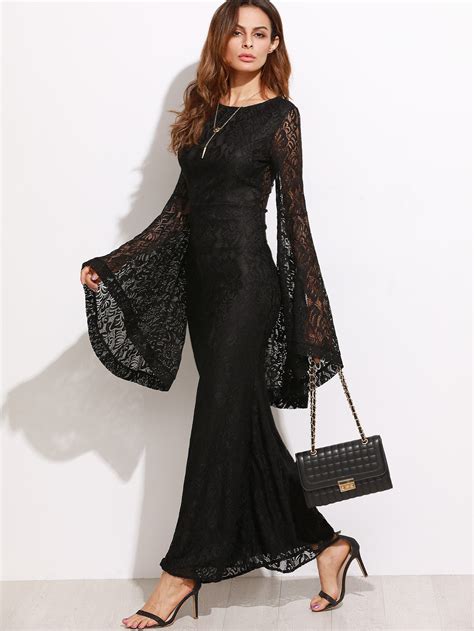 Black Oversized Bell Sleeve Floral Lace Dress Emmacloth Women Fast