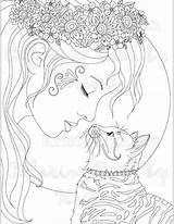 Coloring Pages Adult Cat Printable Adults Kiss Print Girl Wild Things Beautiful Kolorowanki Fantasy Etsy Kitty Book Witches Little Fairy sketch template