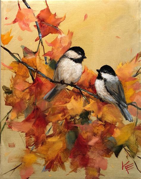 chickadee fall leaves  krista eaton original art etsy autumn