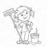 Coloring Mop Cartoon Girl Outline Bucket Chores Kids Doing Sheets Vector Floors Drawing Clip Template Housework Book Pages Illustration Washing sketch template