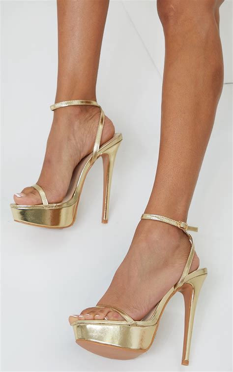 Gold Pu Platform Strappy High Heels Shoes Prettylittlething