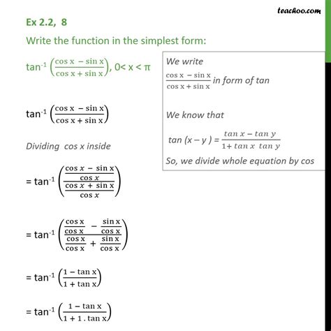 ex 2 2 8 chapter 2 class 12 inverse tan 1 cos x sin x