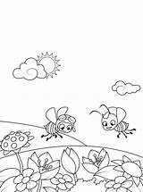 Coloring Spring Kids Pages Meadow Bees Flowering Fly Two Over Fun Votes sketch template