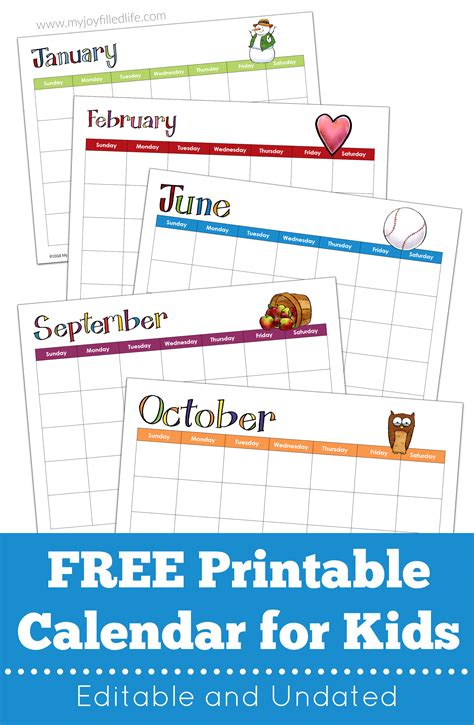 printable calendar  kids editable undated kids calendar