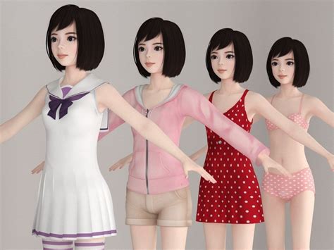 T Pose Nonrigged Model Of Harumi With Various Outfit