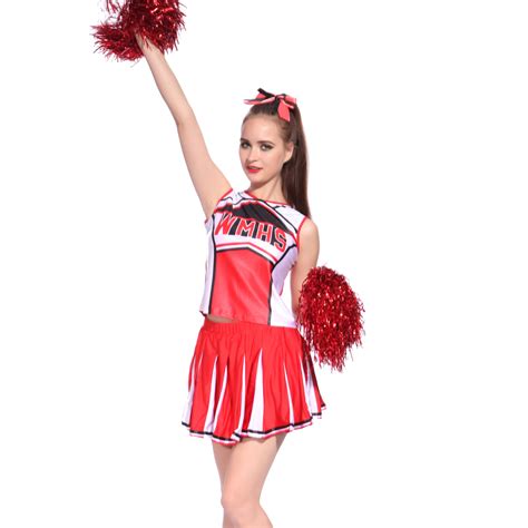 Ladies Glee Cheerleader School Girl Fancy Dress Uniform Costume Pom