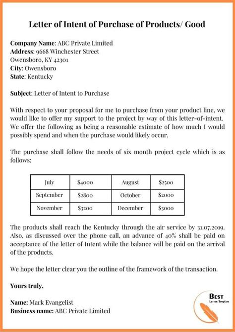 sample letter  intent  purchase  examples
