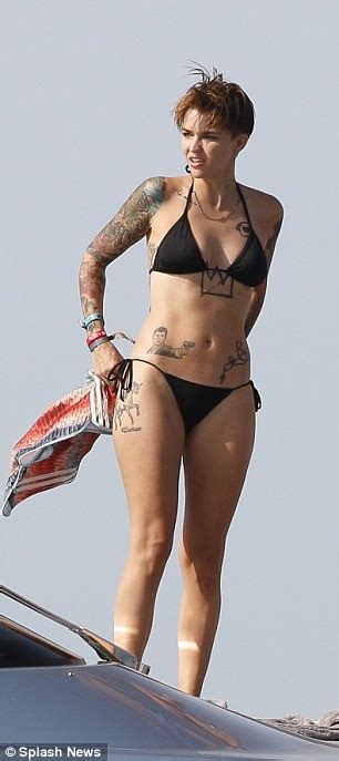 ruby rose shows off her tattoos in black bikini in ibiza daily mail online