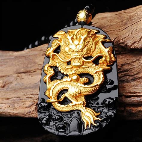 yellow gold inlay natural obsidian carved chinese dragon pendant