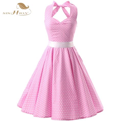 Sishion Pink Red Black 50s Vintage Dress Polka Dots Casual Party