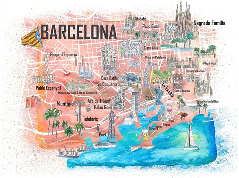barcelona illustrated travel map  main roads landmarks  highlights  artshop