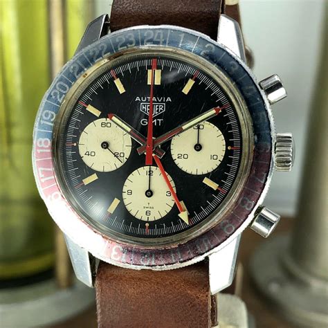 vintage heuer autavia  gmt chronograph heavy patina incredible  awadwatches