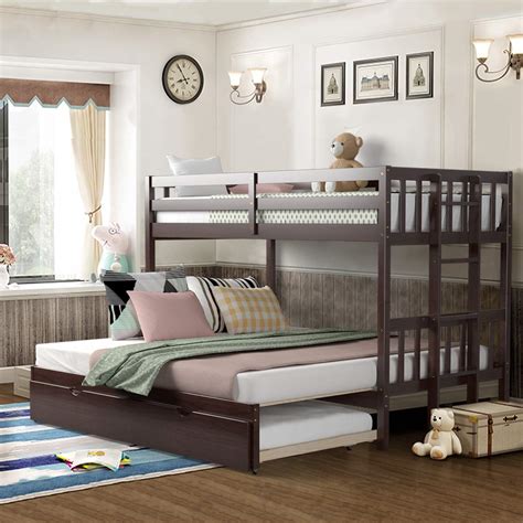 Giantex Twin Over Pull Out Bunk Bed With Trundle Solid Wood Bunk Bed